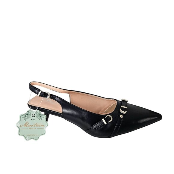 Womens Formal Black Slingback Pointed Toe Kitten Heels Buckle Detail Size 7.5" - Picture 5 of 10